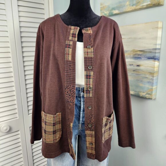 Vtg Bechamel Cardigan 100% Cotton Sweater Brown Plaid Animal Print Trim Button M - Picture 3 of 8